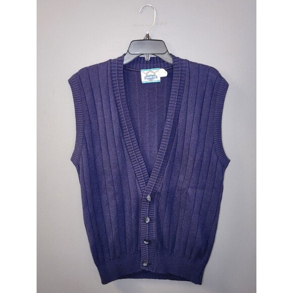 Vintage London Fog Cardigan Sweater Vest Men's M Navy Blue Rib Knit Made In USA - Picture 1 of 4